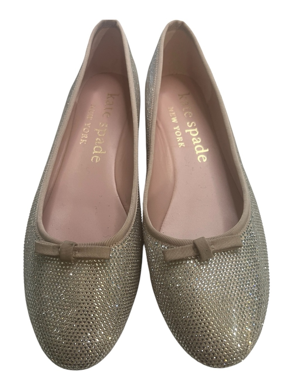 Kate Spade Leather Clover Pave Beige Gold Glitter Bow Ballet Flats Size 9.5B